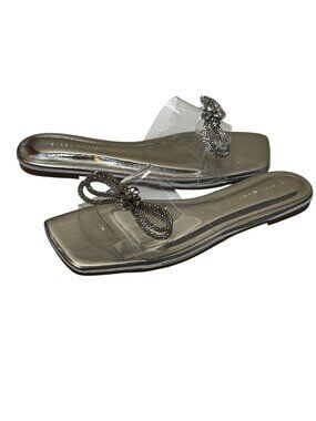 Azalea Wang Silver Rhinestone Bow Slide Sandals Women 7 New
